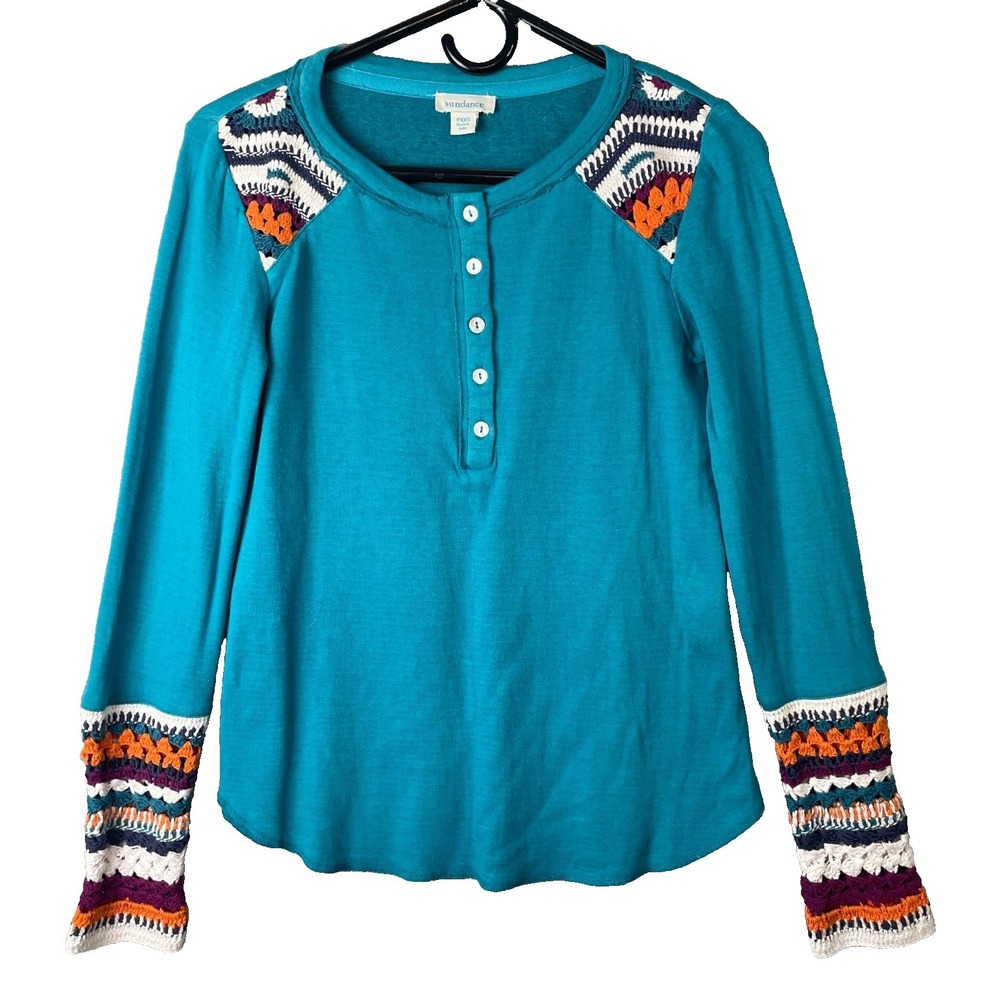 SUNDANCE CATALOG Henley Top Size XXS Petite Blue Crochet Cuffs Southwestern Boho